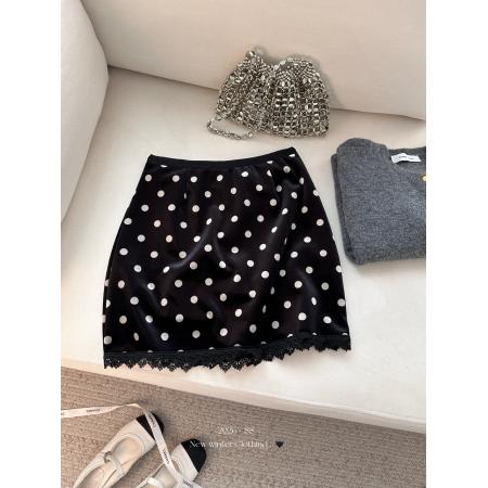 FA53165# 冬季丝绒半身裙黑波点印花加绒短裙蕾丝拼接 服裝批發女裝批發服飾貨源