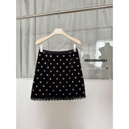 FA53165# 冬季丝绒半身裙黑波点印花加绒短裙蕾丝拼接 服裝批發女裝批發服飾貨源