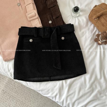 FA53168# 粉色灯芯绒半身裙女冬季miu系甜美纯欲风a字裙包臀裙 服裝批發女裝批發服飾貨源