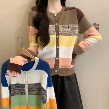 FA53169# 秋冬新款复古撞色条纹圆领设计感软糯气质减龄针织毛衣 服裝批發女裝批發服飾貨源