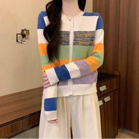 FA53169# 秋冬新款复古撞色条纹圆领设计感软糯气质减龄针织毛衣 服裝批發女裝批發服飾貨源