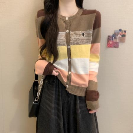 FA53169# 秋冬新款复古撞色条纹圆领设计感软糯气质减龄针织毛衣 服裝批發女裝批發服飾貨源