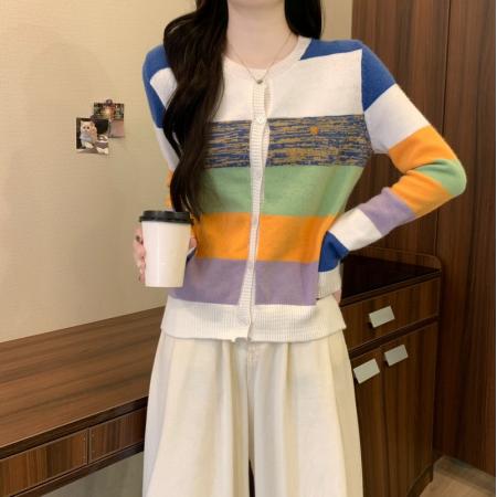 FA53169# 秋冬新款复古撞色条纹圆领设计感软糯气质减龄针织毛衣 服裝批發女裝批發服飾貨源