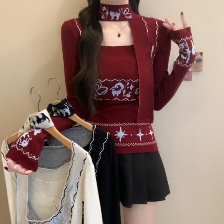 FA53170# 秋冬新款费尔岛复古提花方领辣妹气质毛针织长袖打底上衣 服裝批發女裝批發服飾貨源