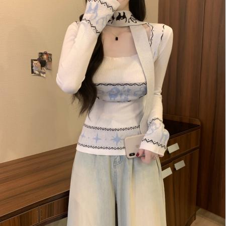 FA53170# 秋冬新款费尔岛复古提花方领辣妹气质毛针织长袖打底上衣 服裝批發女裝批發服飾貨源