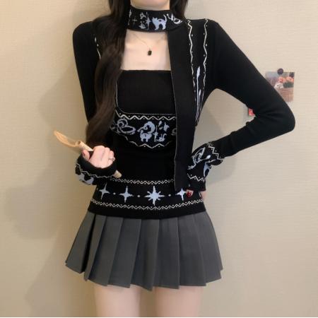 FA53170# 秋冬新款费尔岛复古提花方领辣妹气质毛针织长袖打底上衣 服裝批發女裝批發服飾貨源