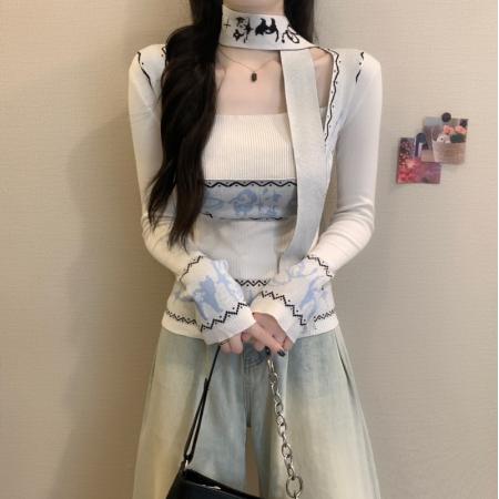 FA53170# 秋冬新款费尔岛复古提花方领辣妹气质毛针织长袖打底上衣 服裝批發女裝批發服飾貨源