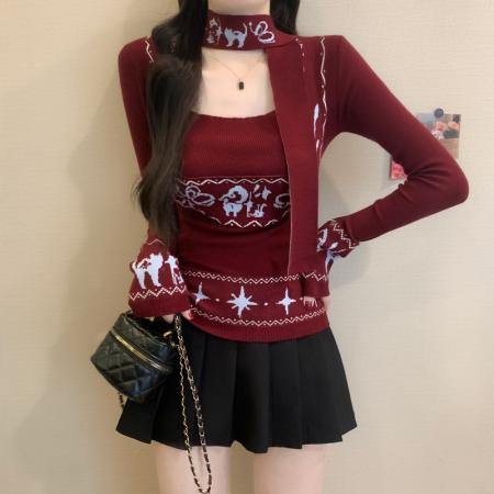 FA53170# 秋冬新款费尔岛复古提花方领辣妹气质毛针织长袖打底上衣 服裝批發女裝批發服飾貨源