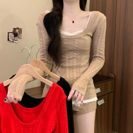 FA53171# 秋冬新款法式气质绞花长袖毛衣内搭吊带背心休闲裤三件套 服裝批發女裝批發服飾貨源