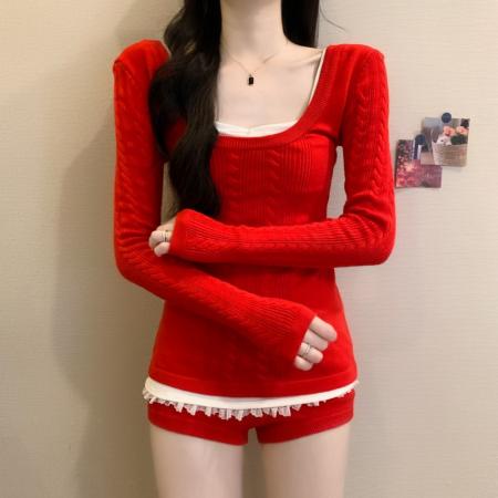 FA53171# 秋冬新款法式气质绞花长袖毛衣内搭吊带背心休闲裤三件套 服裝批發女裝批發服飾貨源