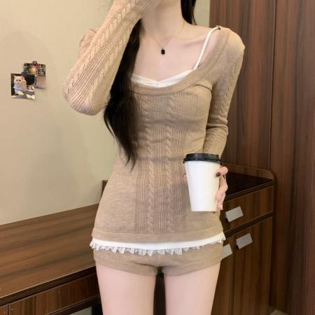 FA53171# 秋冬新款法式气质绞花长袖毛衣内搭吊带背心休闲裤三件套 服裝批發女裝批發服飾貨源