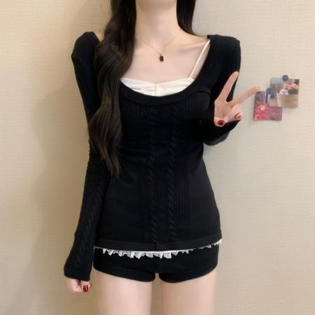 FA53171# 秋冬新款法式气质绞花长袖毛衣内搭吊带背心休闲裤三件套 服裝批發女裝批發服飾貨源