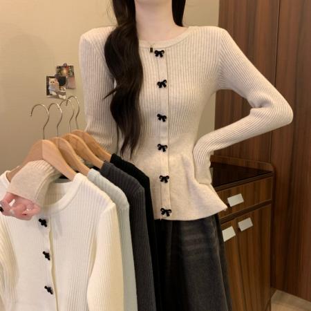 FA53172# 秋冬新款韩系蝴蝶结圆领温柔收腰高级感显瘦气质针织衫 服裝批發女裝批發服飾貨源