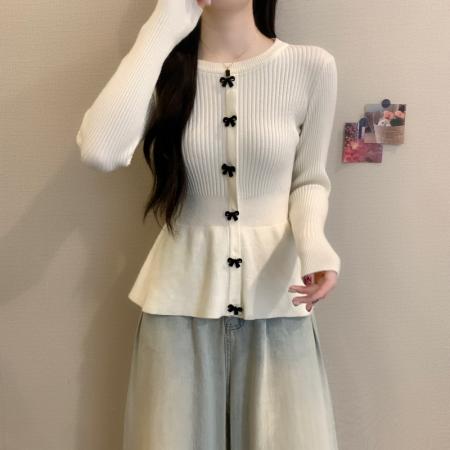 FA53172# 秋冬新款韩系蝴蝶结圆领温柔收腰高级感显瘦气质针织衫 服裝批發女裝批發服飾貨源