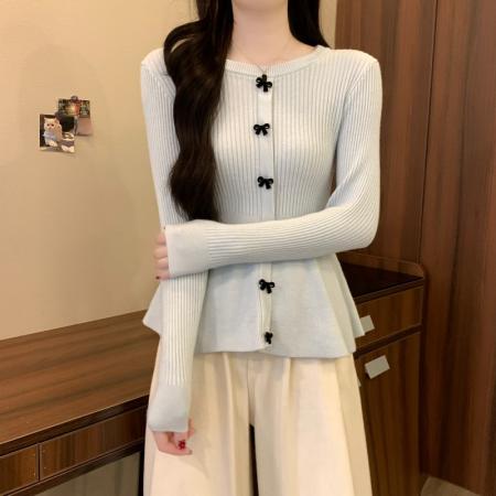 FA53172# 秋冬新款韩系蝴蝶结圆领温柔收腰高级感显瘦气质针织衫 服裝批發女裝批發服飾貨源