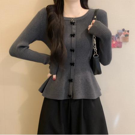 FA53172# 秋冬新款韩系蝴蝶结圆领温柔收腰高级感显瘦气质针织衫 服裝批發女裝批發服飾貨源