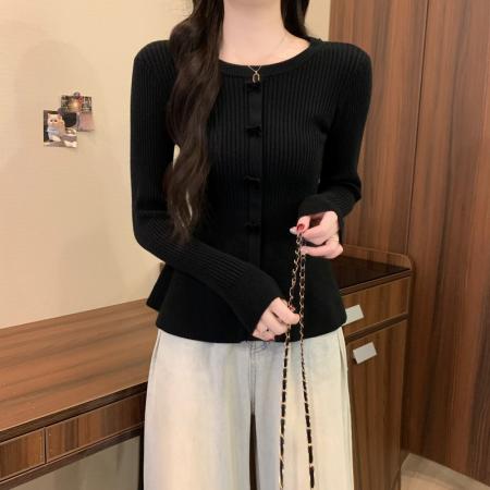 FA53172# 秋冬新款韩系蝴蝶结圆领温柔收腰高级感显瘦气质针织衫 服裝批發女裝批發服飾貨源