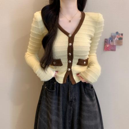 FA53173# 秋冬新款法式小香风撞色条纹V领修身显瘦百搭短款针织衫 服裝批發女裝批發服飾貨源