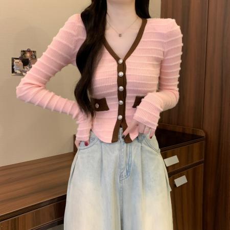 FA53173# 秋冬新款法式小香风撞色条纹V领修身显瘦百搭短款针织衫 服裝批發女裝批發服飾貨源