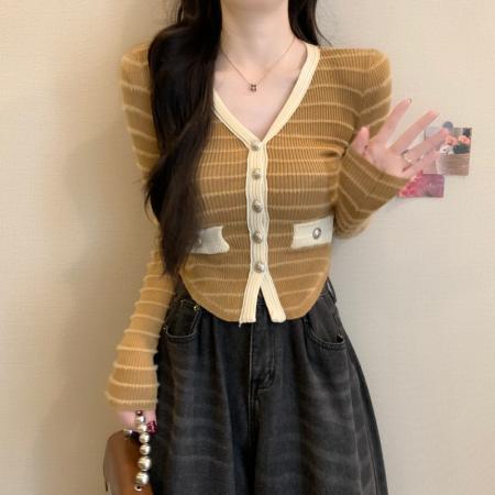 FA53173# 秋冬新款法式小香风撞色条纹V领修身显瘦百搭短款针织衫 服裝批發女裝批發服飾貨源