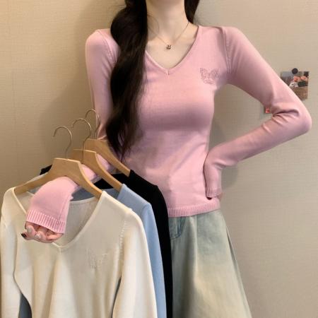 FA53174# 秋冬新款双生蝴蝶镂空V领修身显瘦百搭针织衫打底上衣 服裝批發女裝批發服飾貨源