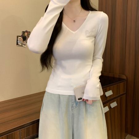 FA53174# 秋冬新款双生蝴蝶镂空V领修身显瘦百搭针织衫打底上衣 服裝批發女裝批發服飾貨源