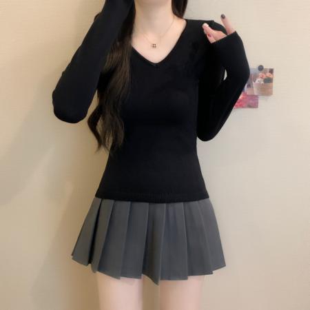 FA53174# 秋冬新款双生蝴蝶镂空V领修身显瘦百搭针织衫打底上衣 服裝批發女裝批發服飾貨源