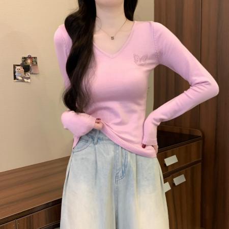 FA53174# 秋冬新款双生蝴蝶镂空V领修身显瘦百搭针织衫打底上衣 服裝批發女裝批發服飾貨源