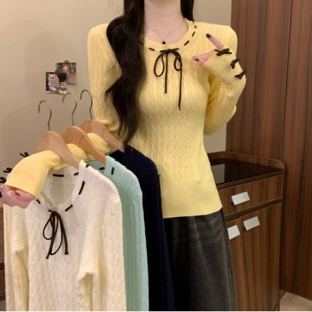 FA53175# 秋冬新款韩版减龄高级感软糯蝴蝶结绞花修身显瘦百搭上衣 服裝批發女裝批發服飾貨源