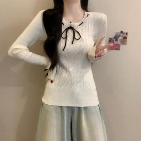 FA53175# 秋冬新款韩版减龄高级感软糯蝴蝶结绞花修身显瘦百搭上衣 服裝批發女裝批發服飾貨源