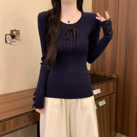 FA53175# 秋冬新款韩版减龄高级感软糯蝴蝶结绞花修身显瘦百搭上衣 服裝批發女裝批發服飾貨源