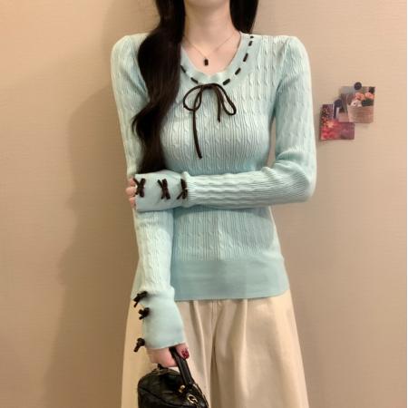 FA53175# 秋冬新款韩版减龄高级感软糯蝴蝶结绞花修身显瘦百搭上衣 服裝批發女裝批發服飾貨源