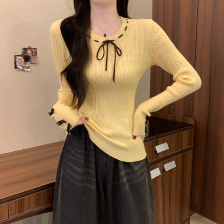 FA53175# 秋冬新款韩版减龄高级感软糯蝴蝶结绞花修身显瘦百搭上衣 服裝批發女裝批發服飾貨源