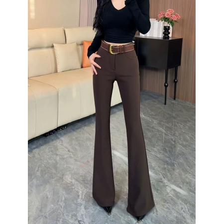 FA53177# 咖色复古高腰紧身微喇西装裤女冬季新款弹力修身加绒喇叭裤 服裝批發女裝批發服飾貨源