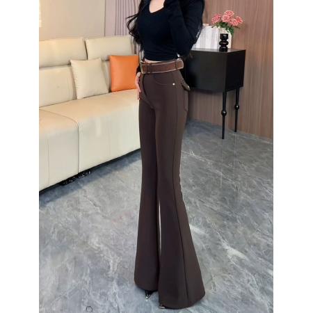 FA53177# 咖色复古高腰紧身微喇西装裤女冬季新款弹力修身加绒喇叭裤 服裝批發女裝批發服飾貨源