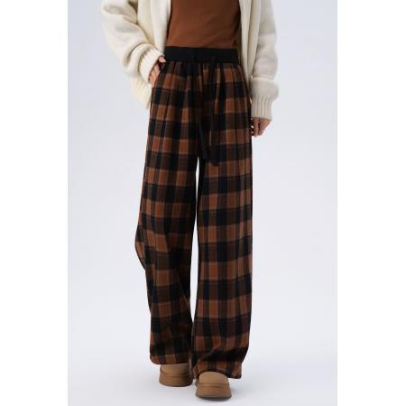 FA53178# 加绒加厚毛呢格子弯刀裤女冬季直筒休闲裤宽松百搭显瘦阔腿裤 服裝批發女裝批發服飾貨源