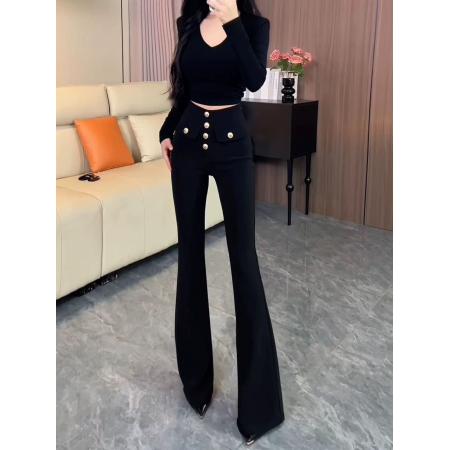 FA53180# 黑色金属纽扣微喇西装裤女秋冬新款高个子弹力修身显瘦马蹄裤 服裝批發女裝批發服飾貨源