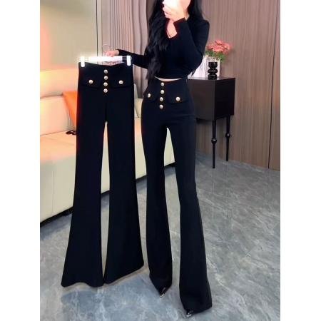 FA53180# 黑色金属纽扣微喇西装裤女秋冬新款高个子弹力修身显瘦马蹄裤 服裝批發女裝批發服飾貨源