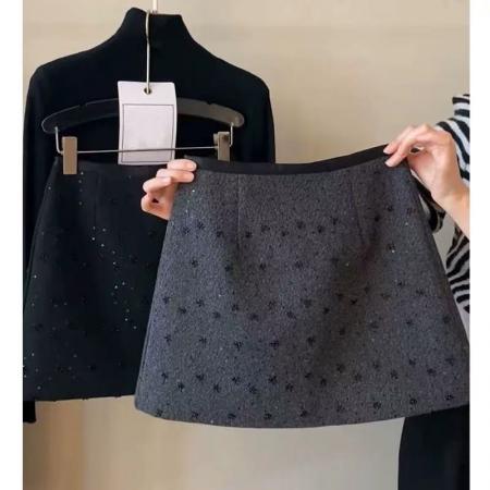 FA53181# 重工亮片毛呢短裙女秋冬新款韩版高腰显瘦A字裙小香风半身裙 服裝批發女裝批發服飾貨源