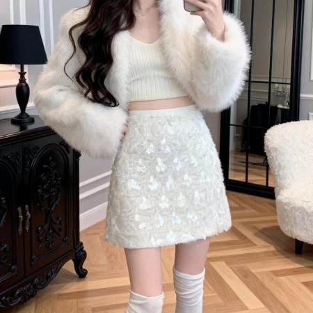 FA53183# 法式小香风亮片半身裙女秋冬季高腰显瘦A字裙小个子加厚包臀短裙 服裝批發女裝批發服飾貨源