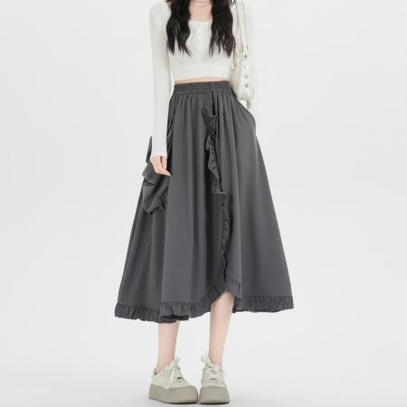 FA53185# 早春新款高腰显瘦遮跨半身裙女设计感木耳边A字大摆裙 服裝批發女裝批發服飾貨源