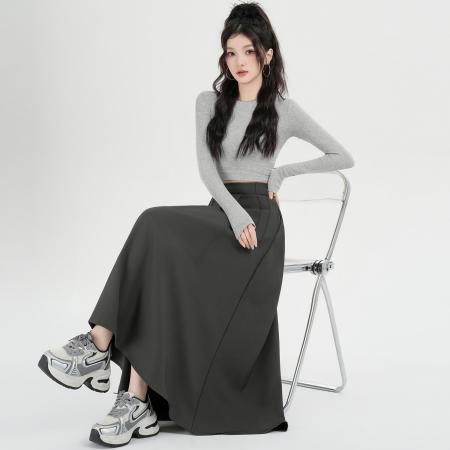 FA53186# 灰色西装百褶半身裙女高腰遮胯垂坠感a字裙中长款大摆伞裙 服裝批發女裝批發服飾貨源