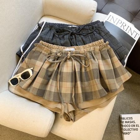 FA53187# 毛呢格纹短裙女冬辣妹拼接低腰a字半身裙 服裝批發女裝批發服飾貨源