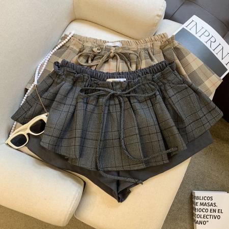 FA53187# 毛呢格纹短裙女冬辣妹拼接低腰a字半身裙 服裝批發女裝批發服飾貨源