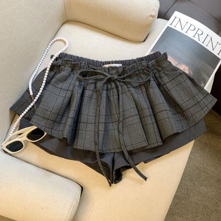 FA53187# 毛呢格纹短裙女冬辣妹拼接低腰a字半身裙 服裝批發女裝批發服飾貨源