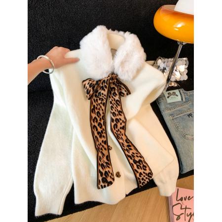 FA53188# 新年穿搭可拆卸豹纹丝巾围脖毛衣开衫女冬季独特减龄气质显瘦上衣 服裝批發女裝批發服飾貨源