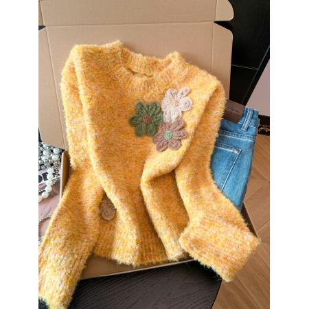 FA53189# 韩系立体花朵气质圆领毛衣女秋冬慵懒风宽松针织衫糖果色短款上衣 服裝批發女裝批發服飾貨源