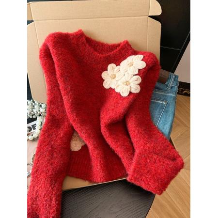 FA53189# 韩系立体花朵气质圆领毛衣女秋冬慵懒风宽松针织衫糖果色短款上衣 服裝批發女裝批發服飾貨源