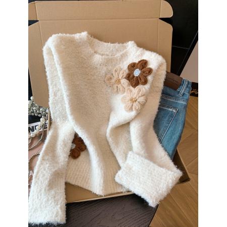 FA53189# 韩系立体花朵气质圆领毛衣女秋冬慵懒风宽松针织衫糖果色短款上衣 服裝批發女裝批發服飾貨源