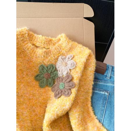 FA53189# 韩系立体花朵气质圆领毛衣女秋冬慵懒风宽松针织衫糖果色短款上衣 服裝批發女裝批發服飾貨源